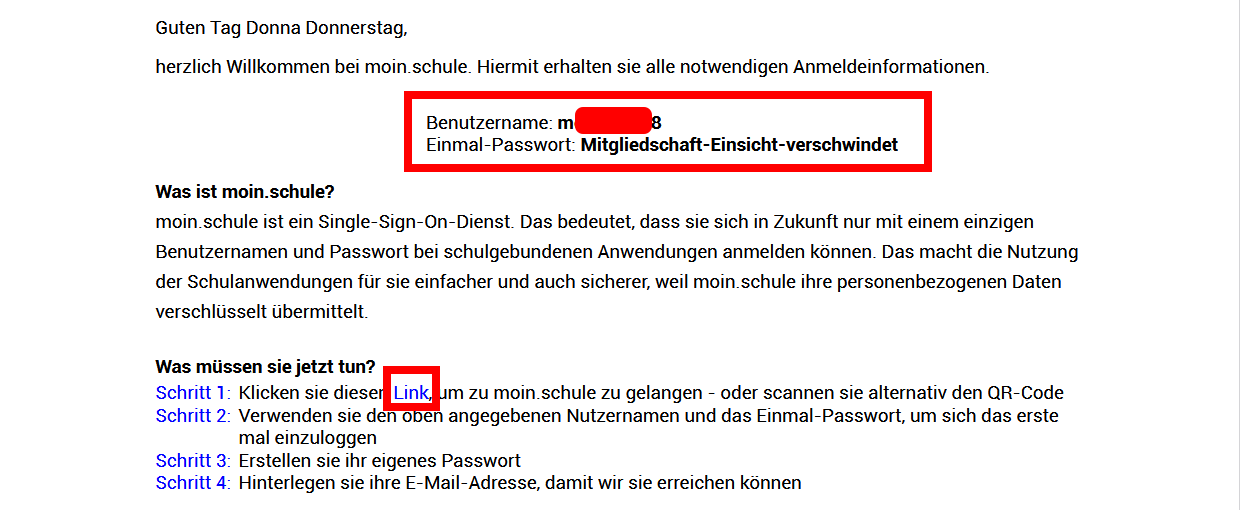 PDF-Ausdruck mit Benutzername und Einmal-Passwort.