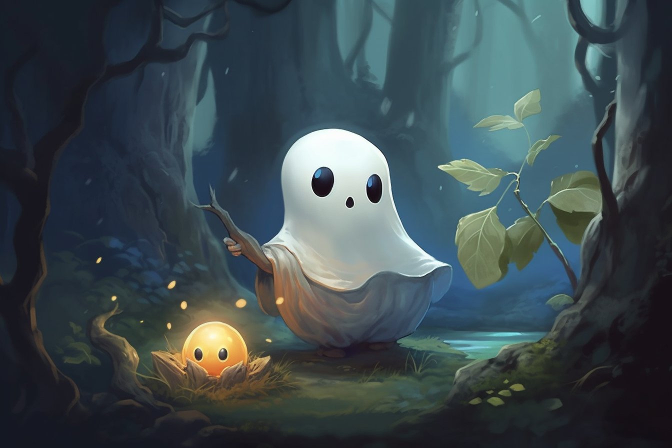 character concept, cute ghost in the magic forest, dungeon and dragons, fantasy, medieval --v 5 --ar 3:2