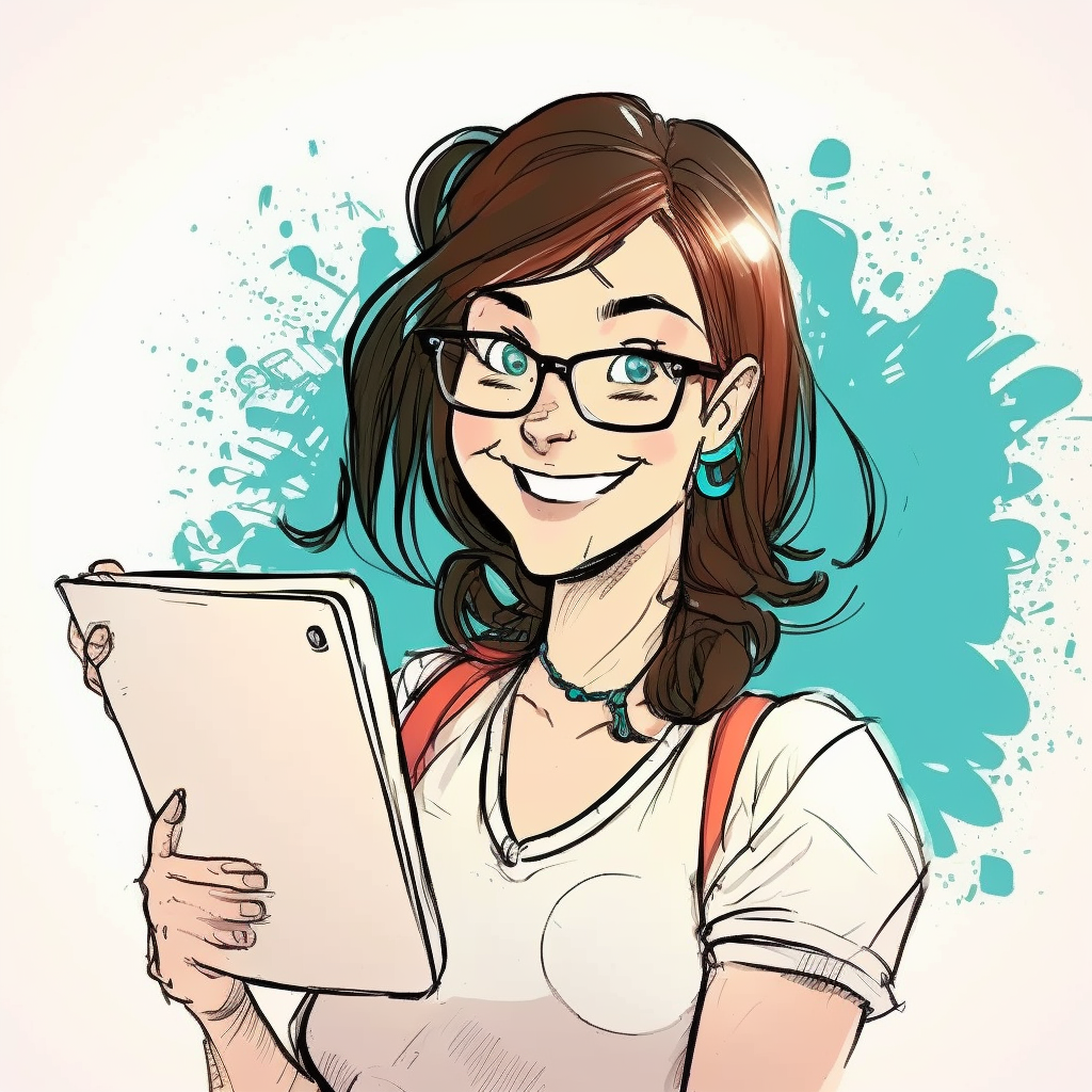 portrait of a geeky girl, friendly smile, wearing glasses, white blouse, holding a tablet, in the style of an Asterix comic, 