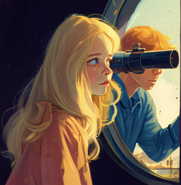 Lovesick boy spies on his beloved, a beautiful teen with golden hair. He observes her through a telescope trained on her wind