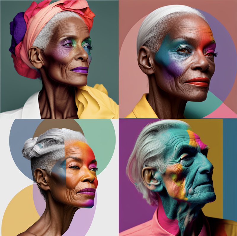 create a multi coloured palette for summer 2023, showing a coloured model over 50