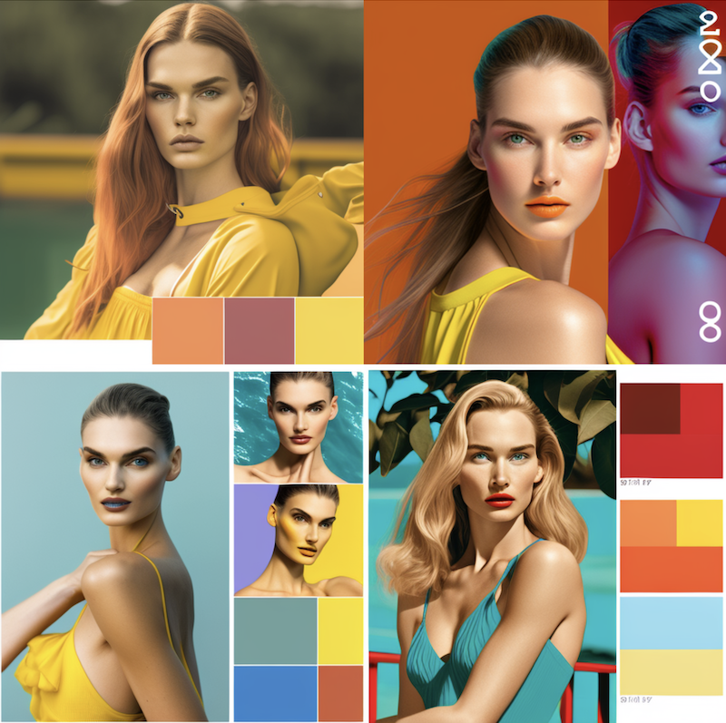 create a colour palette for summer 2023, showing a coloured model looking confident 