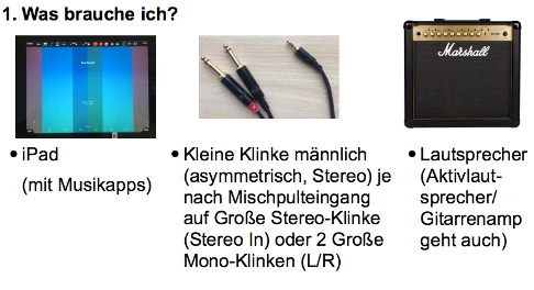 Bilder zu den Gegenständen, die man braucht: iPad, Kabel und Lautsprecher