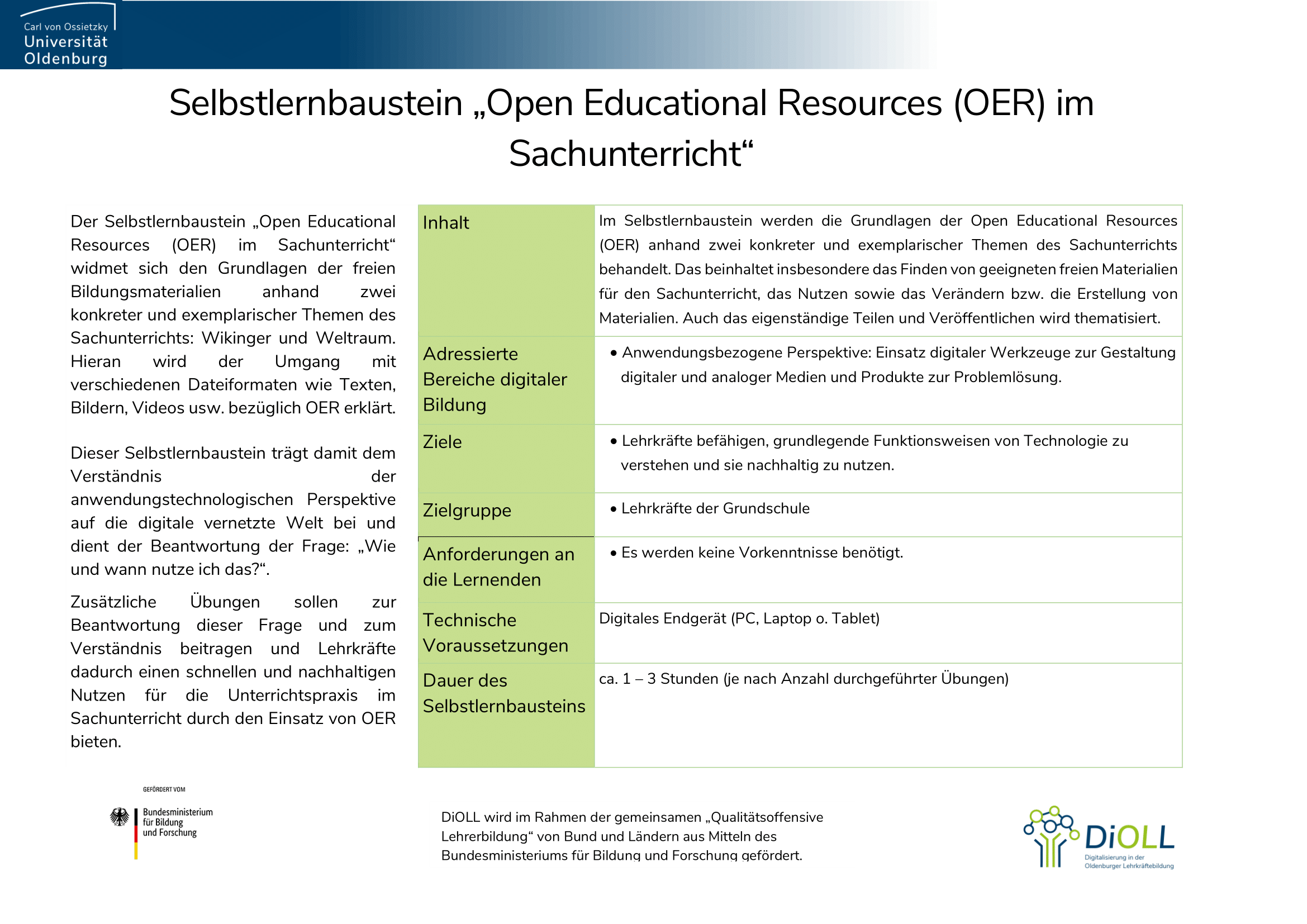 Überblick über den Selbstlernbaustein "Open Educational Resources (OER) im Sachunterricht"