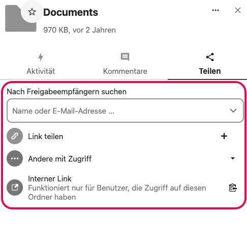 Freigabeoptionen im "Teilen"-Bereich der Nextcloud