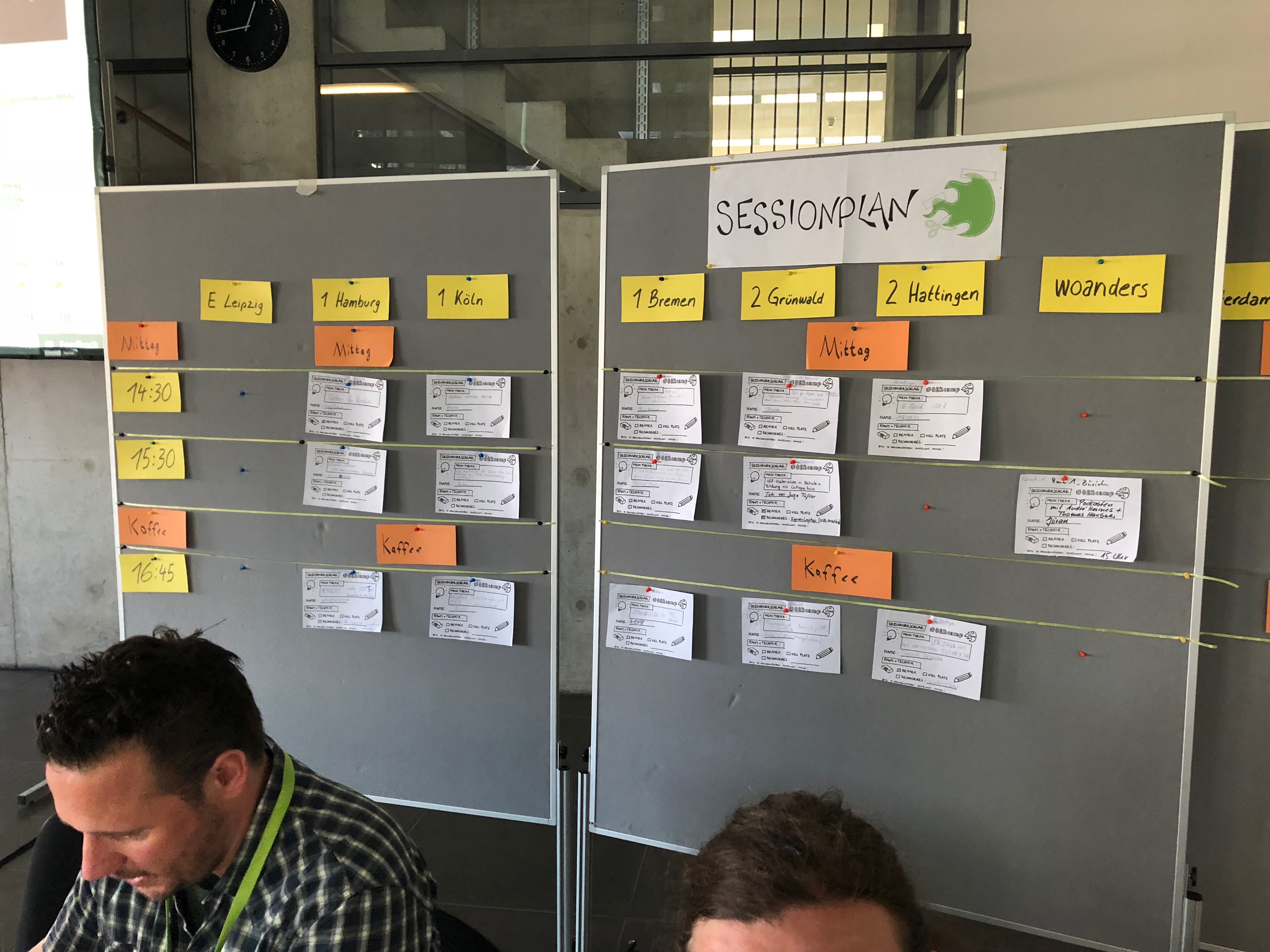 Foto eines Sessionplans, der in Präsenz mit Zetteln an einer Pinnwand gefüllt wird.