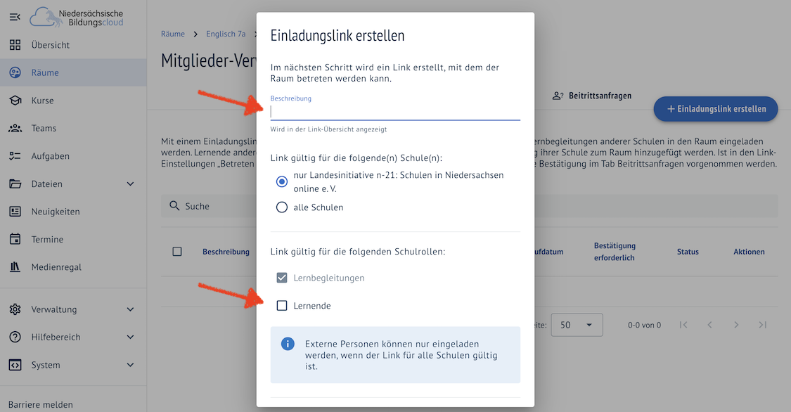 Einstellungen für den Link