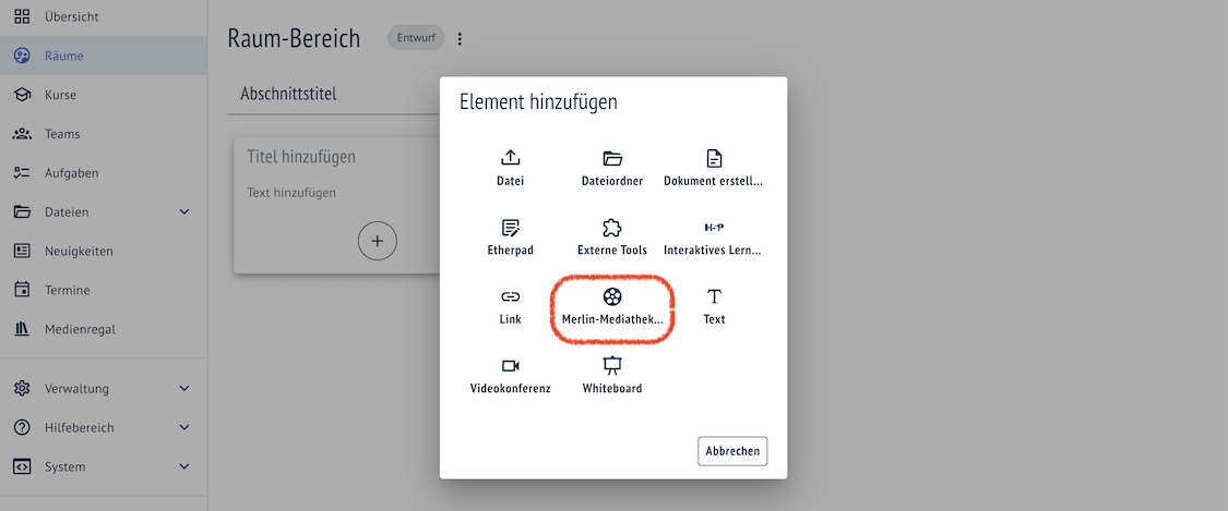 Mediathek Element hinzufügen