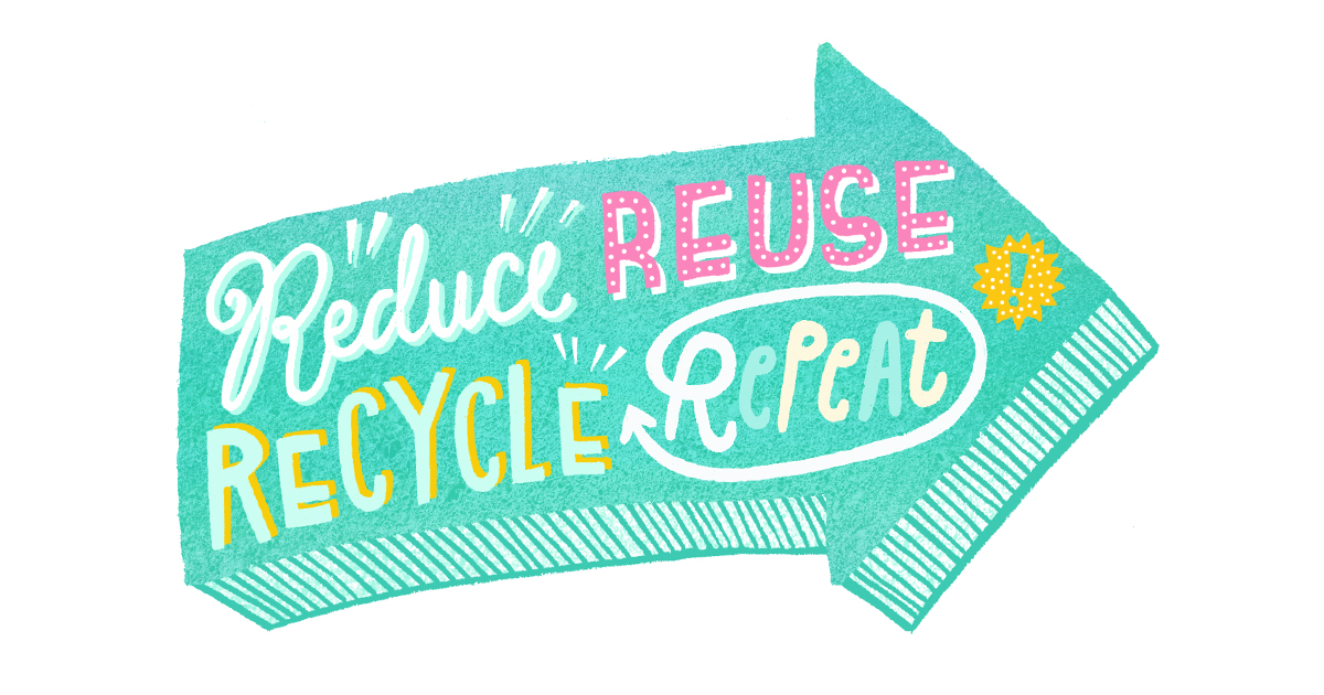 Illustration eines grünen Pfeil nach rechts, der die Wörter Reduce, Reuse, Recycle und Repeat enthält.