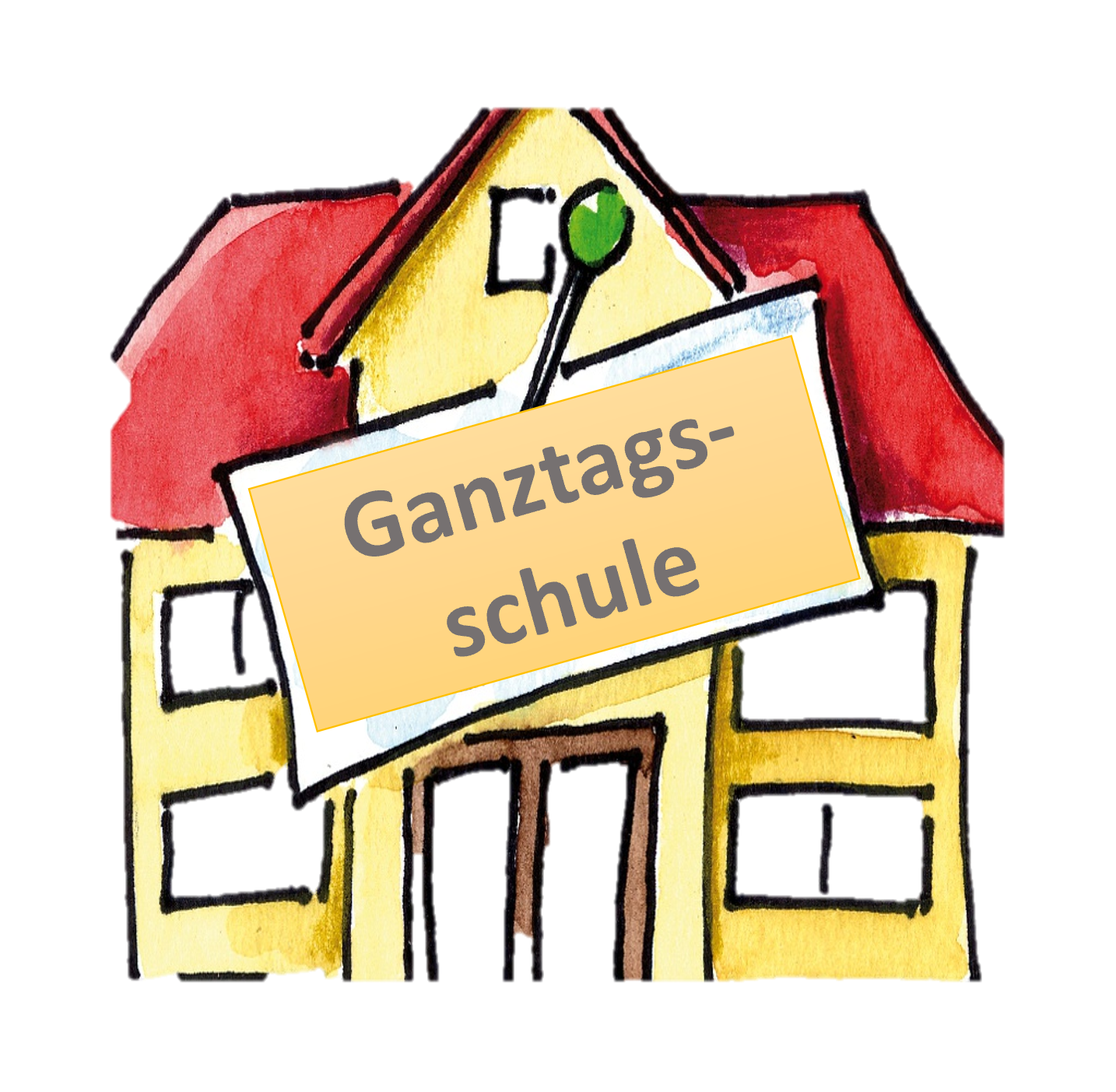 Schulgebäude mit Schild "Ganztagsschule"